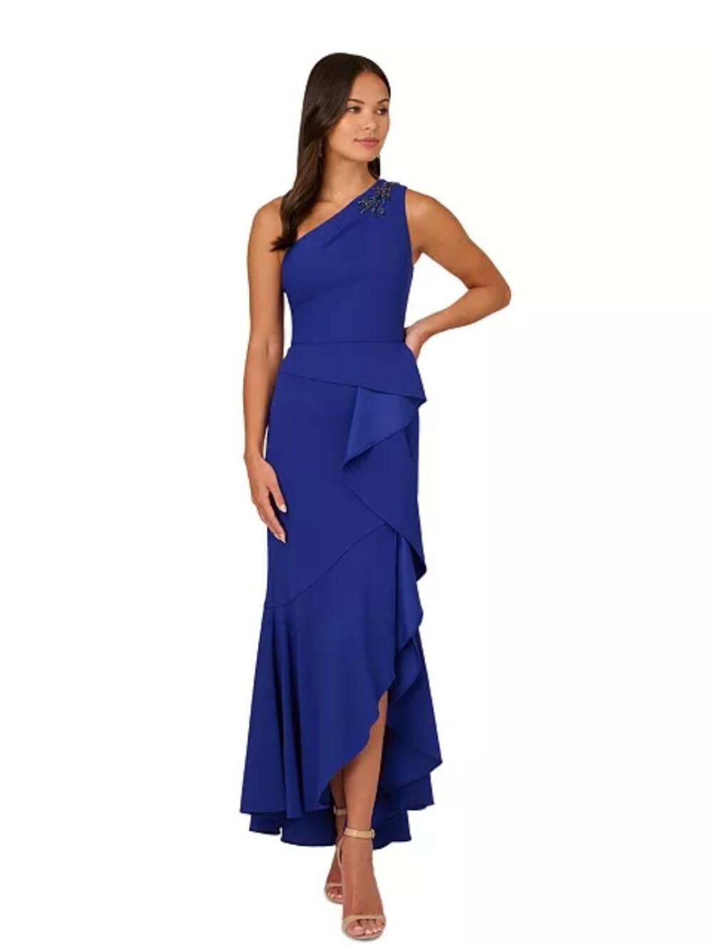 Adrianna Papell One Shoulder Beaded Mermaid Gown Royal Blue Womens 8 NWT Formal